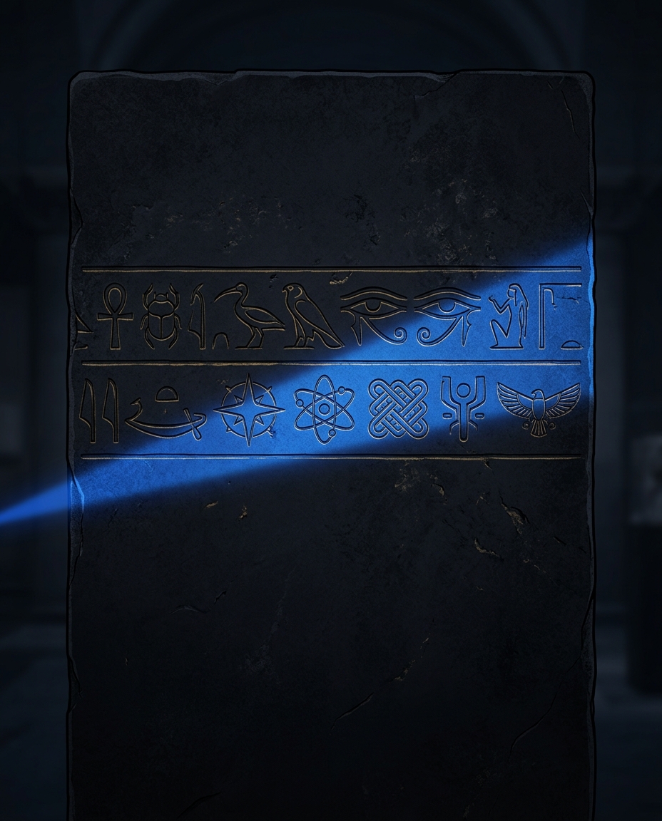 Engraved stone relief of ancient Egyptian hieroglyphs, unusual substituted glyphs lit by one beam of blue light