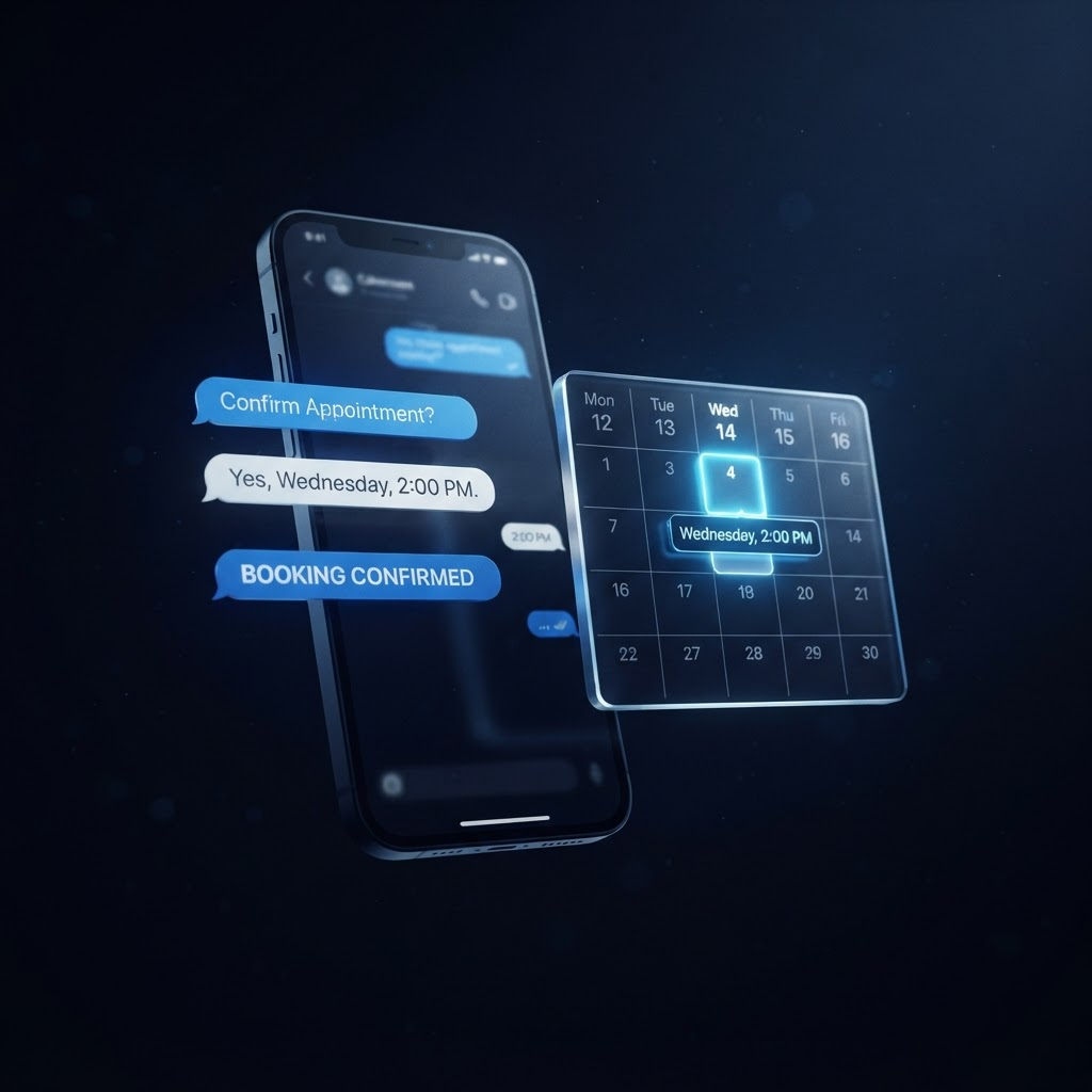 A booking assistant scheduling an appointment by text into a calendar on a dark screen