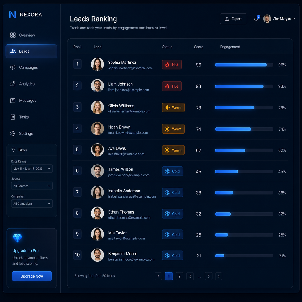 A simple dashboard ranking leads with hot, warm, and cold labels on a dark screen
