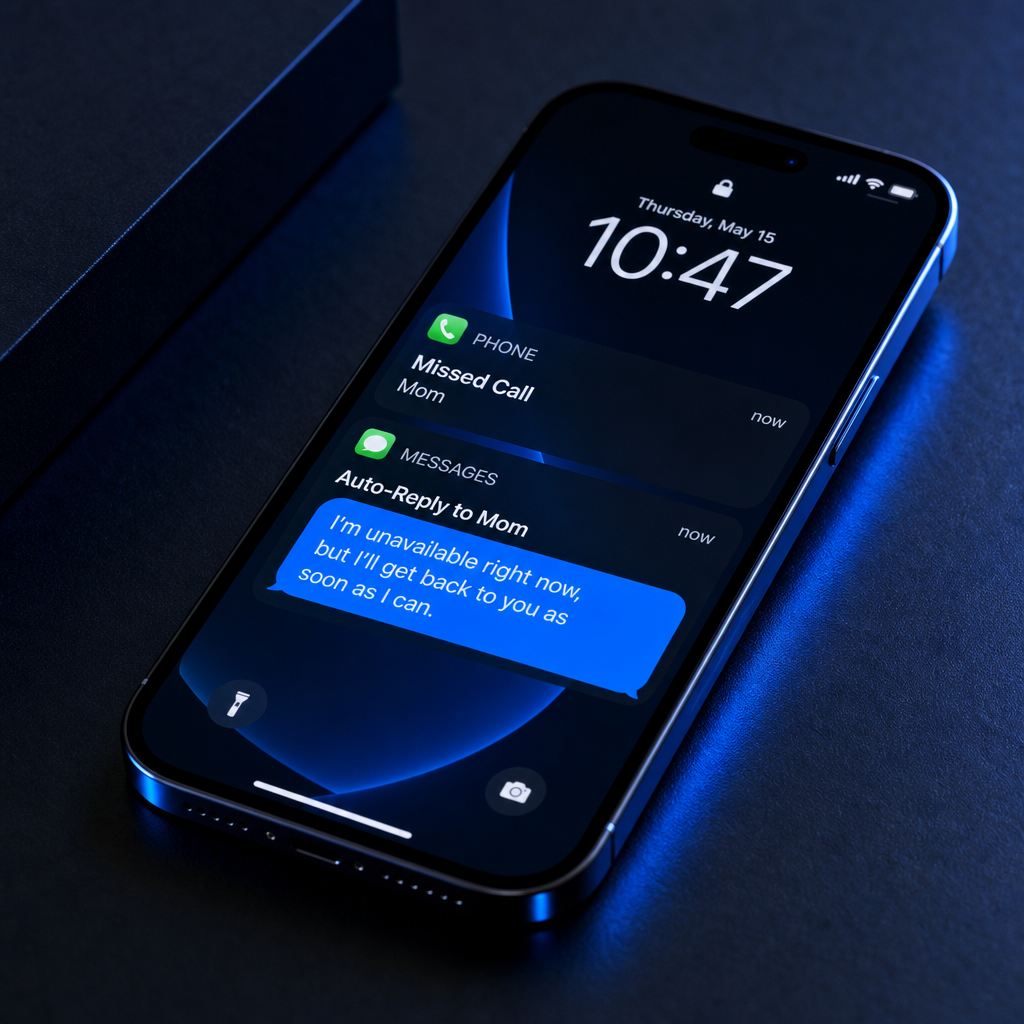 A smartphone showing a missed call and an automatic text message reply on a dark background